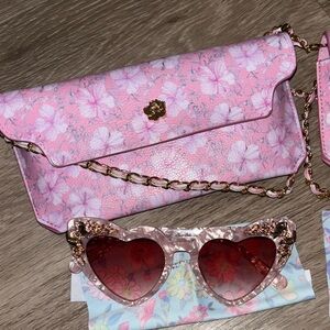 LoveShackFancy Pink Floral Clutch and Sunglasses Set
